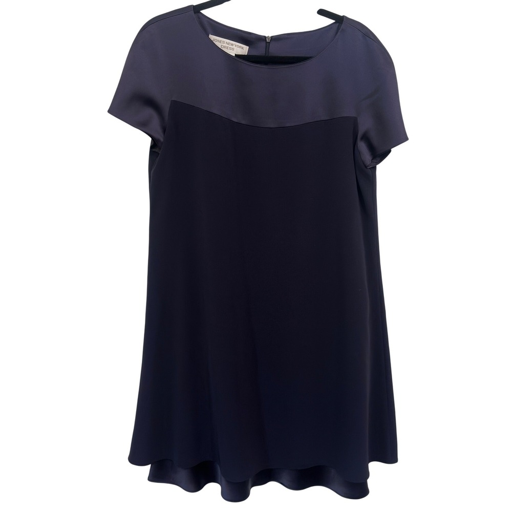 Jones New York A-Line Dress Navy Blue Triacetate Satin Crepe Mixed Media Size 10